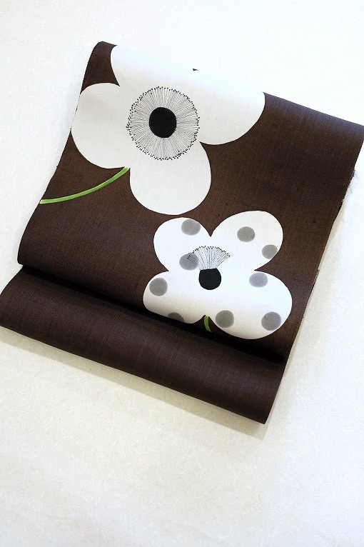型絵染/九寸名古屋帯 白い花 岡田その子作品