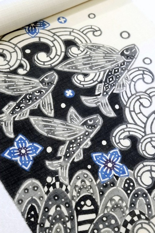 型絵染九寸名古屋帯/藤田順作品「波の向こうを見に行こう」