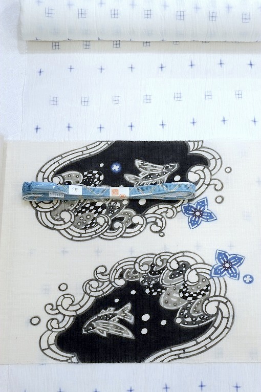 型絵染九寸名古屋帯/藤田順作品「波の向こうを見に行こう」