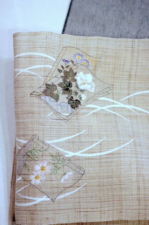 手描き/麻九寸名古屋帯・波間千鳥の図