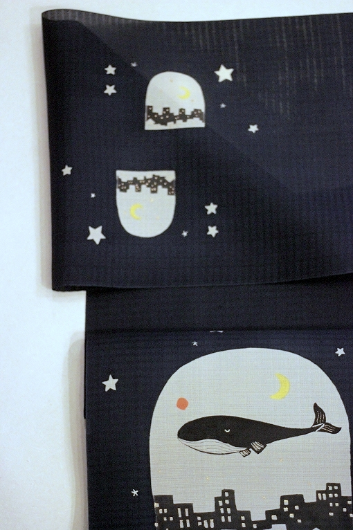 型絵染九寸名古屋帯 岡田その子 クジラの見る夢 単衣 夏物